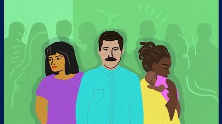 Four schematically depicted people in purple, blue, yellow and pink outerwear against a green background with a grey-shaded group of people.