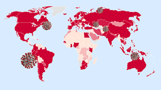 View of the world map with red markings indicating the latitudes and regions for which analyses of the dynamics of SARS-CoV-2 lines are available. SARS-CoV-2 viruses are symbolically distributed across the world map.