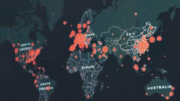 A world map shows the distribution of COVID-19 cases, represented by red dots and circles of different sizes. The largest concentrations are visible in North America, Europe and Asia. In the other continents, such as South America, Africa and Australia, red dots can also be seen, but in lower density. The map has a dark background and the continents are shown in black with white outlines and labelling.