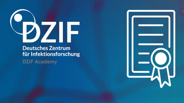 DZIF Academy Ausschreibung DZIF-Preis für translationale Infektionsforschung 2025 DE DZIF Academy-Logo und Icon in Form einer angedeuteter Auszeichnung vor einem blauen Hintergrund